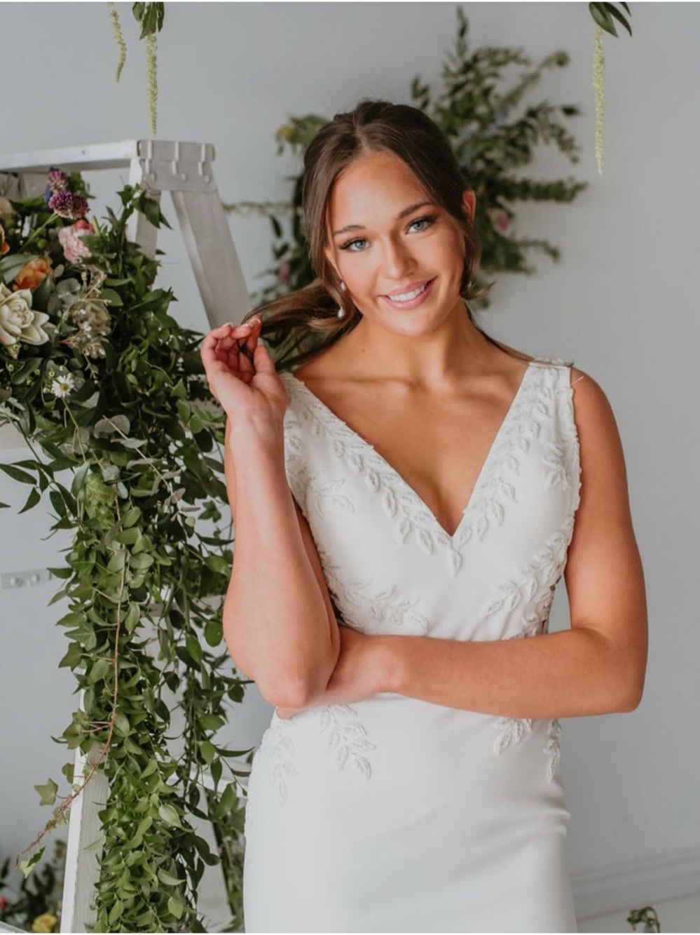 Colby John Ivory Crepe bead embroidery  Fit n Flare V-neck Wedding Gown